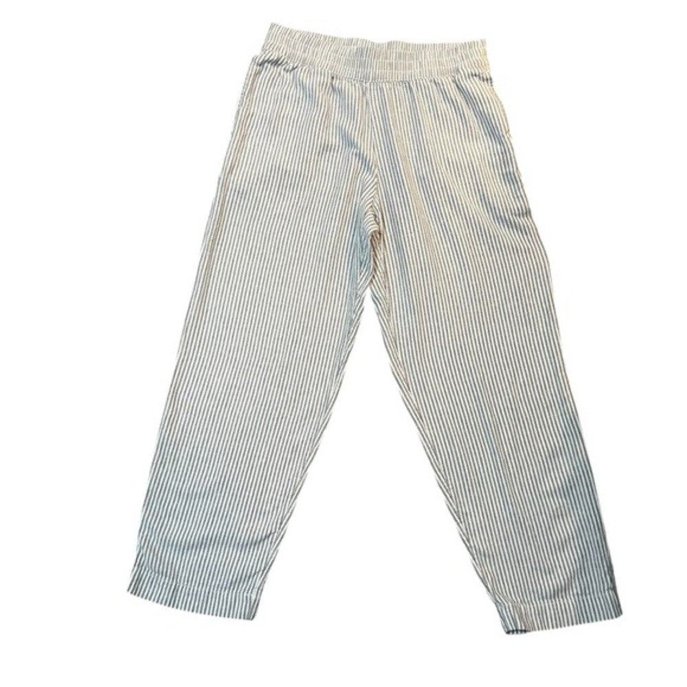 Old Navy Striped White and Blue Linen Pants with Pockets and Elastic Waist